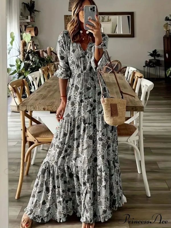 Graphic Print Maxi Dress with Slim Waist and Drawstring V Neck - 2XL Orange