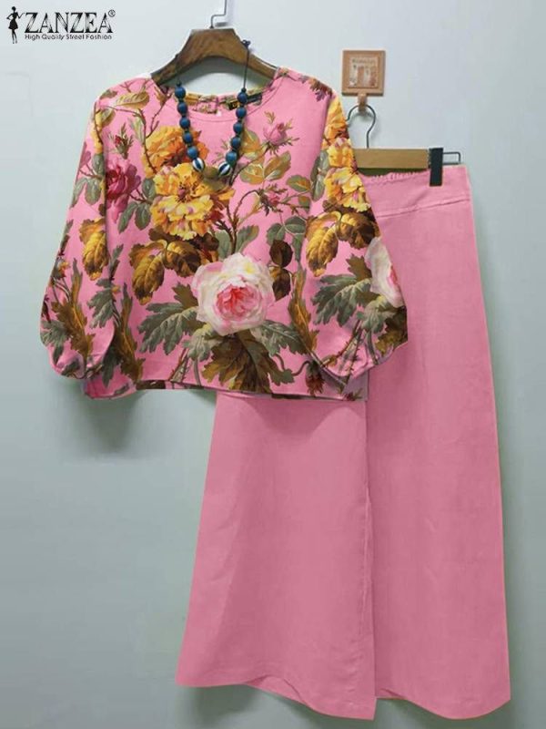 ZANZEA 2024 Autumn Floral Printed Blouse Pants Sets Two Piece Sets Womens Outifits Bohemian Wide Leg