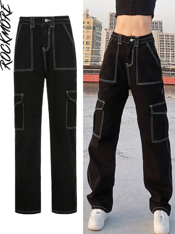 Rockmore Brown Vintage Baggy Jeans Women 90s Streetwear Pockets Wide Leg Cargo Pants Low Waist Straight Denim Trousers S-Black 2