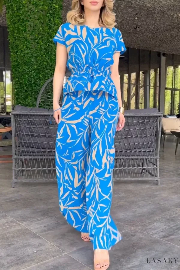 Lasaky - Wide Leg Pant and Ruched Blouse Combination for Ladies - Blue, 2XL
