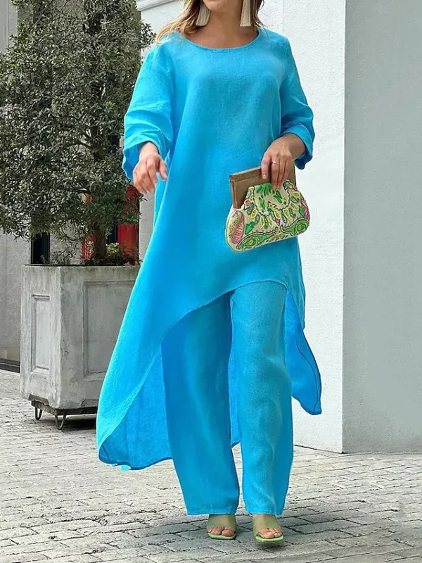 Women's Streetwear Linen-Inspired Sets Long Sleeve Crew Neck Solid Color Casual Weekend Pink Blue Purple Regular Fit 2025 - $41.99