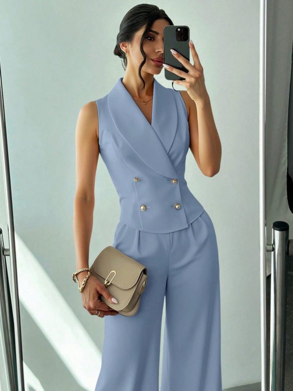 Women's Elegant Romantic Fashion Office & Party Outfit, Sexy & Graceful Asymmetrical Shoulder Double Breasted Vest And Pants Two Pieces Set