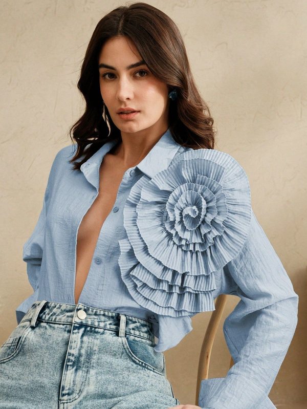 Fashionable Long Sleeve Elegant Sweet Ruffle Patchwork 3D Floral Casual Blouse Top, Suitable For Valentine's Day, Vacation, Festivals, Holiday