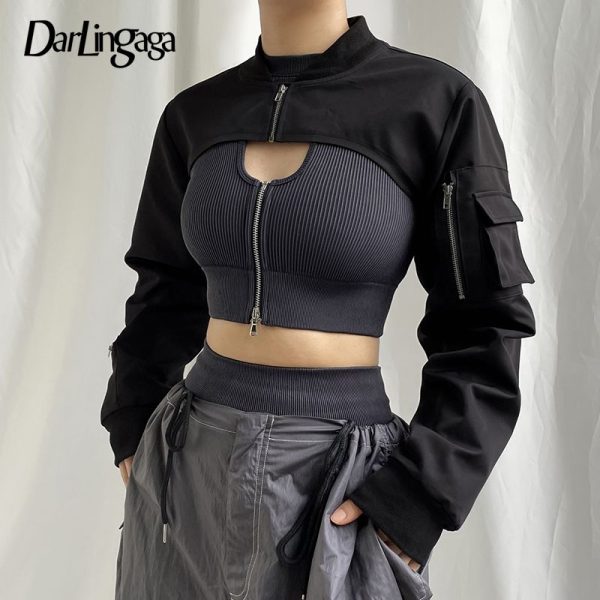Darlingaga Streetwear Cargo Style Black Spring Autumn Jacket Women Smock Zip Up Coat Super Short