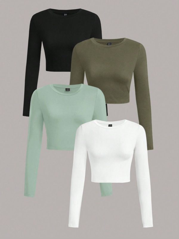 4pcs Casual Minimalist Crew Neck Long Sleeve Cropped Tight T-Shirt For Women, Summer