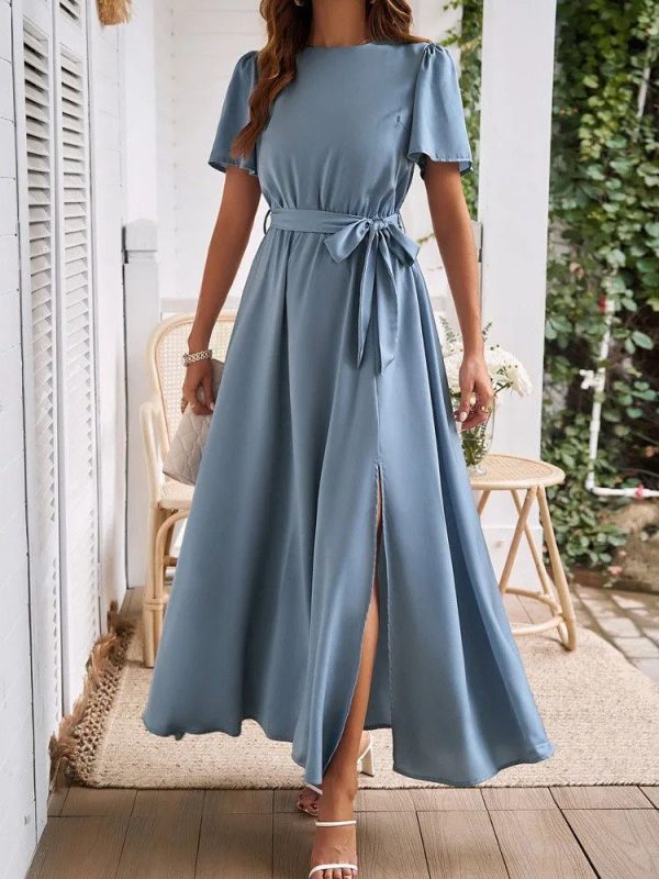 2024 Summer Solid High Split Casual Midi Long Party Dress with Belt Elegant Holiday Beach Birthday Dress for Women - 2 / S