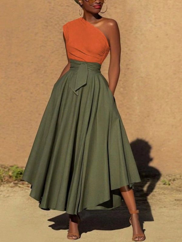 Chic Color Block Asymmetrical Neckline Maxi Dress with Front Slit & Knot Detail - Perfect for Beach Vacations! - Multicolor / L
