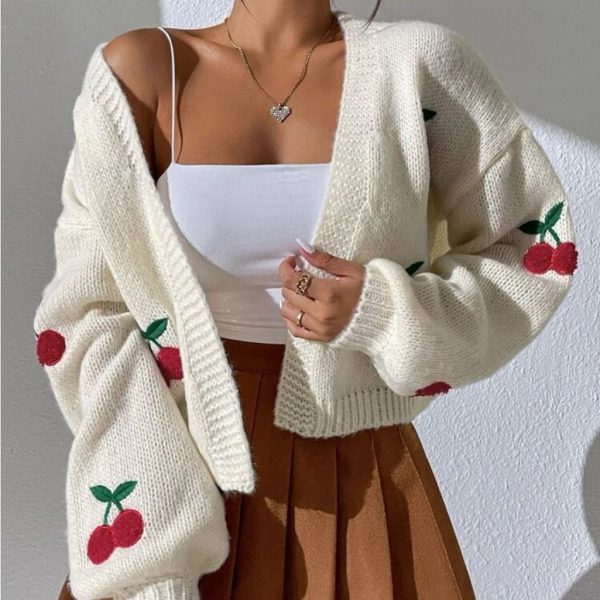 Rebellious Rose Sweaters | Cherry Embroidery Lantern Sleeve Cardigan | Color: Red/White | Size: Various