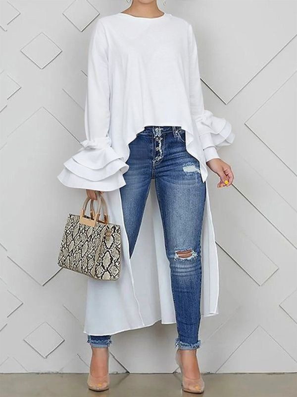 Women Casual Blouses Ruffle Sleeve Crew Neck Loose Long Sleeve Plain Spring/Fall for Daily