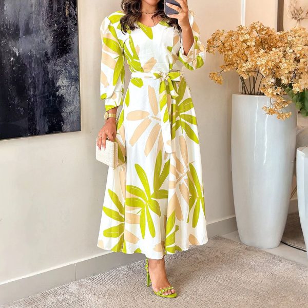 Summer  Women's Printed Maxi Dress New Long Sleeve Waist Tie Sun Dresses Fashion Loose Women's
