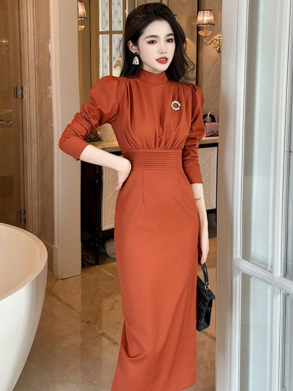 Women's Professional Dresses Retro Elegant Bubble Sleeve Pleated High Waist Wrap Hip Slit Midi Robe