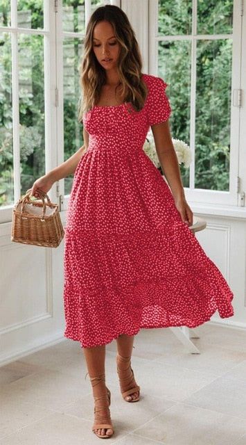 Vestidos Vintage Vintage Print Puff Sleeve summer Beach sweet dresses Casual Square collar floral maxi long dress 2020 festa Red-L
