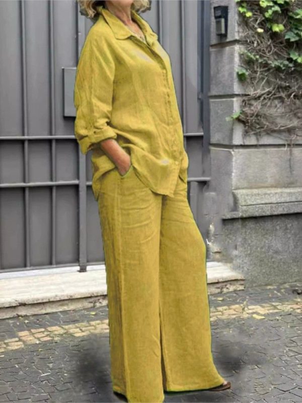 Women Casual Solid Set Long Sleeve Button Shirt Tops Wide Leg Pants Two Piece Sets Lady Spring
