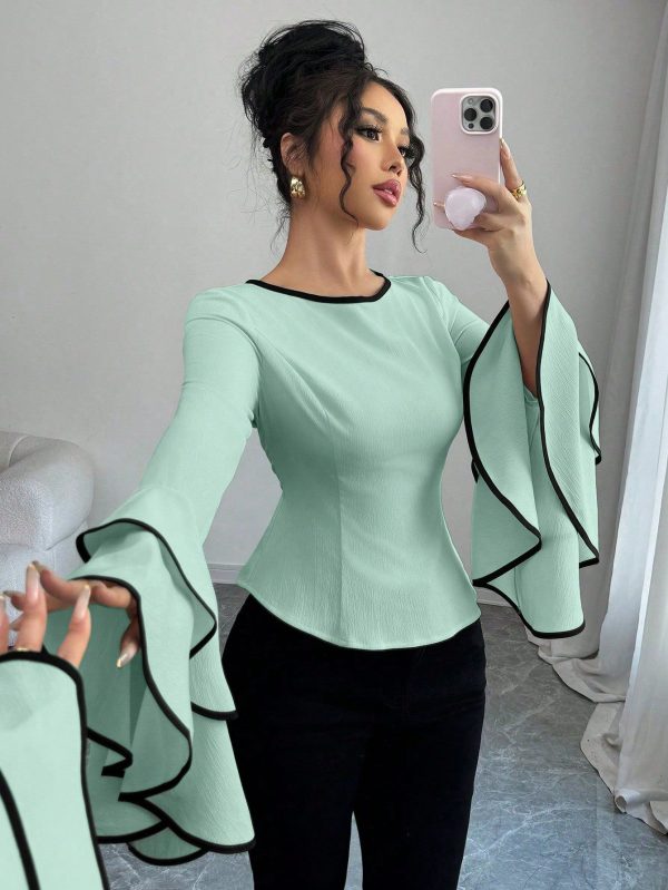 Women Stylish Round Neck, Drop Shoulder, Bell Sleeve, Double-Layer Trim Waist Shirt