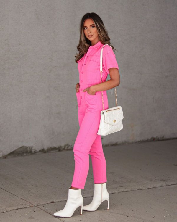 Whitley Cotton Blend Pocketed Jumpsuit - Hot Pink - Small