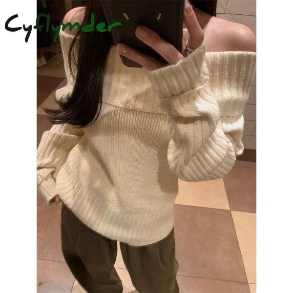 Cyflymder comfy outfits winter Vintage Off Shoulder Sweater Women Solid Elegant Sexy Knitwear Long Sleeve Jumper Slash Neck Causal Harajuku Pullovers - Beige / S