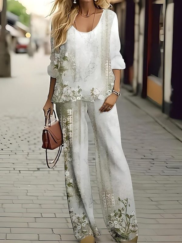 Women's 2 Pieces Basic Neon & Bright Shirt Blouse 3/4 Length Sleeve V Neck Floral Tie Dye Abstract Print Casual Linen Like Ivory Summer Regular Fit 2025 - $41.99