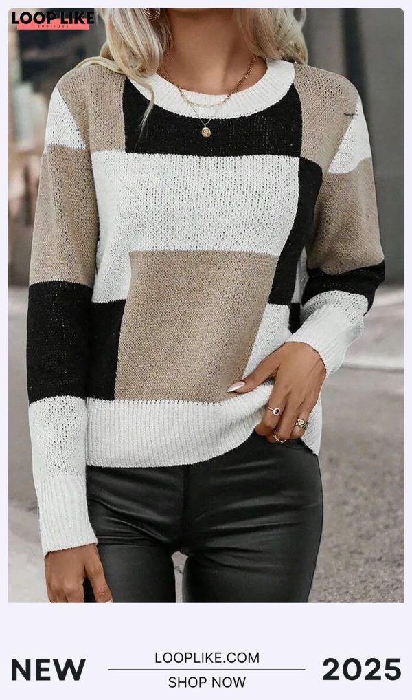 Color Block Round Neck Long Sleeve Sweater