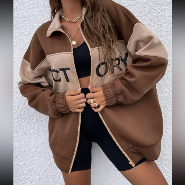 Rebellious Rose Tops | Letter Graphic Two Tone Drop Shoulder Zip Up Sweatshirt | Color: Brown/Cream | Size: Various
