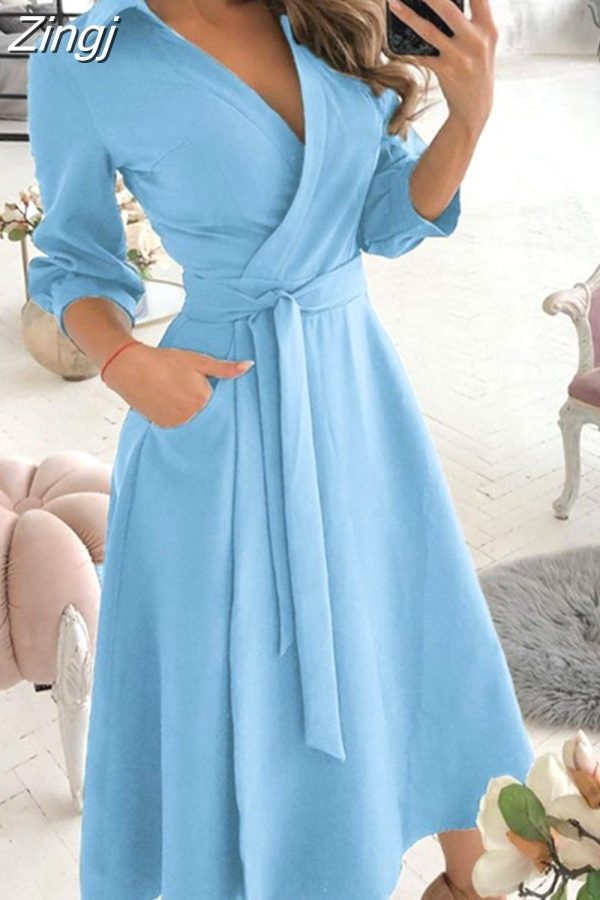 Zingj Women Summer Long Dress Short Sleeve V Neck Solid Vintage Elegant Chic Shirt Dress With Belt Office Ladies Party Sundress long sleeve blue-S