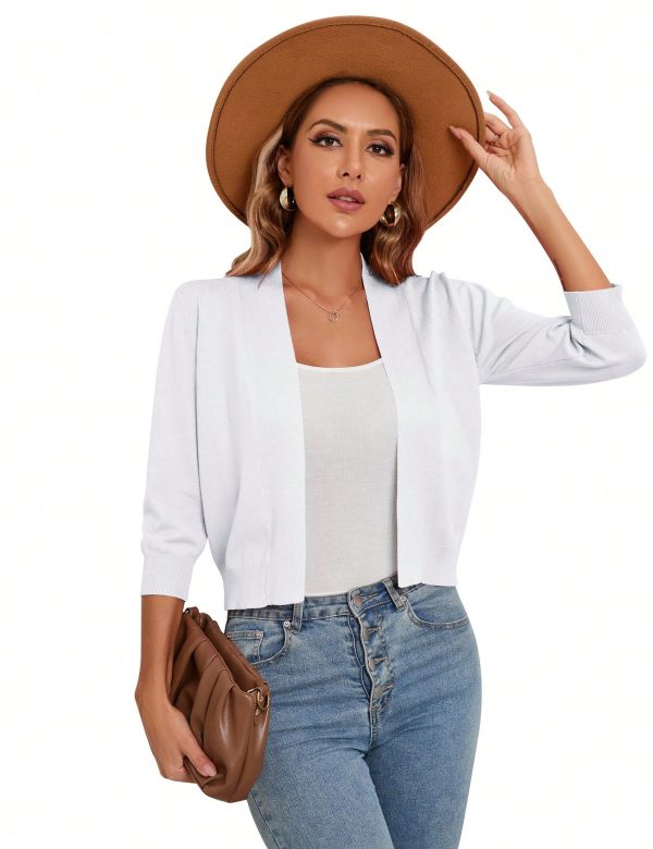 Women's 3/4 Sleeve Open Front Cropped Cardigan Sweater Lightweight Knit Short Shrugs
