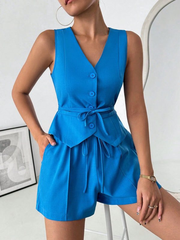 Women's Sleeveless Solid Color Vest Set, Spring/Summer