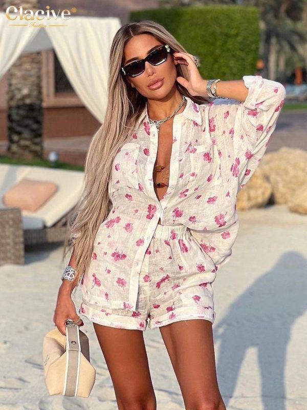Clacive Fashion Loose Print 2 Piece Sets Women Outfit 2024 Elegant Long Sleeve Shirt With High Waist