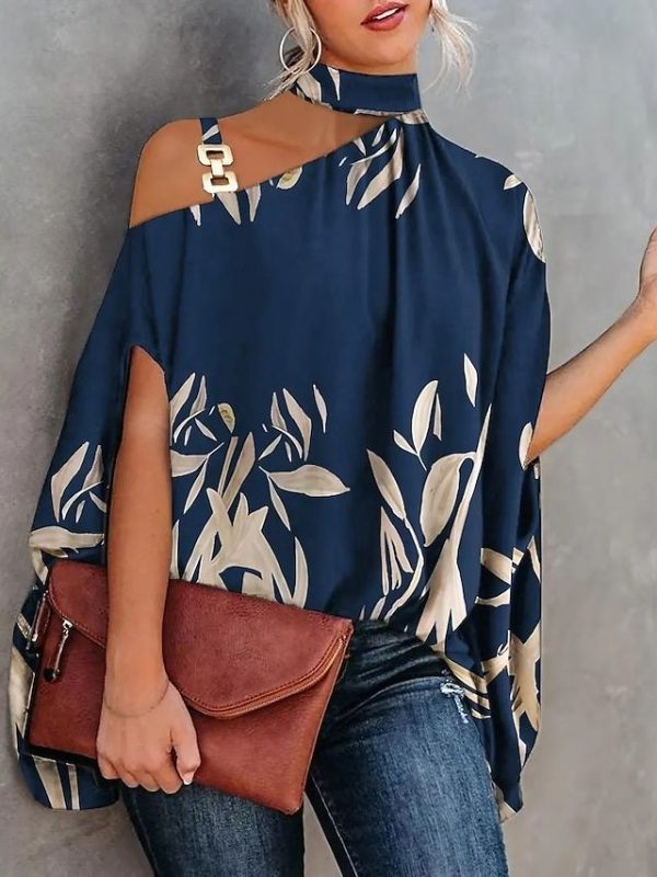 Women's Shirt Blouse Elegant Vintage Fashion Floral Cut Out Print Cold Shoulder Short Sleeve Regular Tops Turtleneck High Neck Casual Holiday Black White Navy Blue Blue Khaki 2025 - $24.99