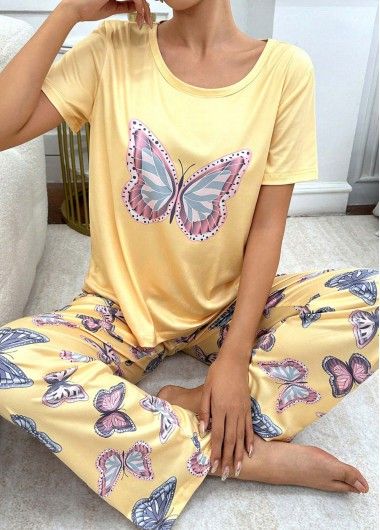 Womens Loungewear and Pajamas Animal Print Yellow Round Neck Lounge Top and Pants