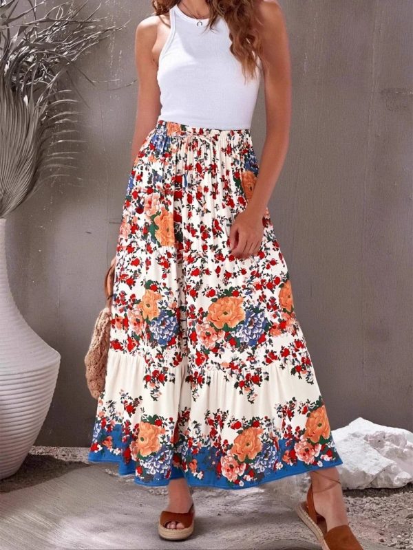 Vintage Beach Floral Hippie High Waist Boho Maxi Skirt Femme - Beige L