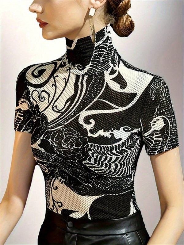 Women's Fashion Full Print High Neck Short Sleeve T-Shirt