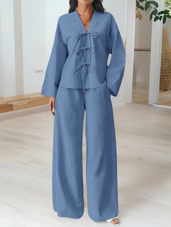2pcs Women's Casual Elegant Vacation Fashion Front Tie Loose Shirt And High Waist Stretchy Wide Leg Pants Set