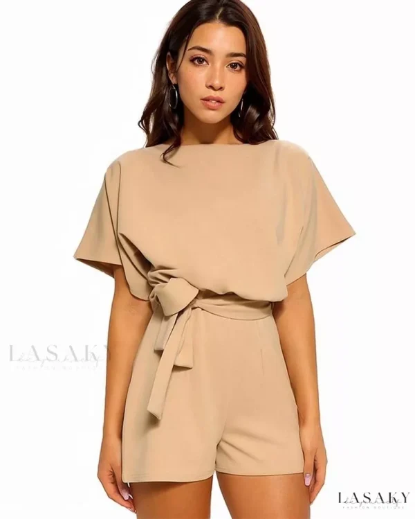 Lasaky - Classy Solid Color Jumpsuit featuring Round Neck, Short Sleeves, High Waist, and Belted Shorts - Apricot, XL