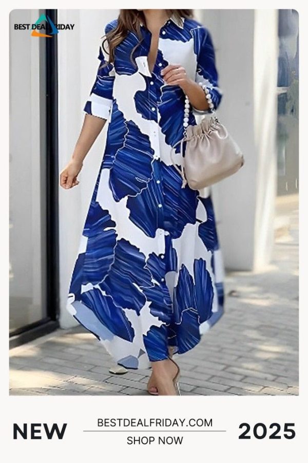 Women's Casual Dress Summer Dress Print Dress Floral Button Print Shirt Collar Long Dress Maxi Dress Fashion Streetwear Outdoor Street 3/4 Length Sleeve Loose Fit Blue Summer Spring S M L Xl Xxl