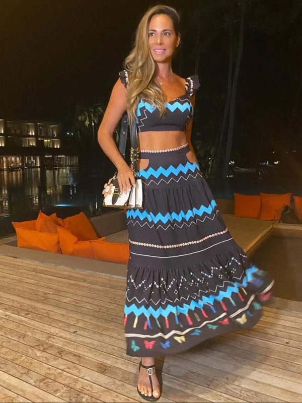 Zingj New Sexy Print Beach Women Two Piece Skirt White Bra High Waist A-line Long Skirt Suit Summer Holiday Seaside Casual Set PI23496D1-S