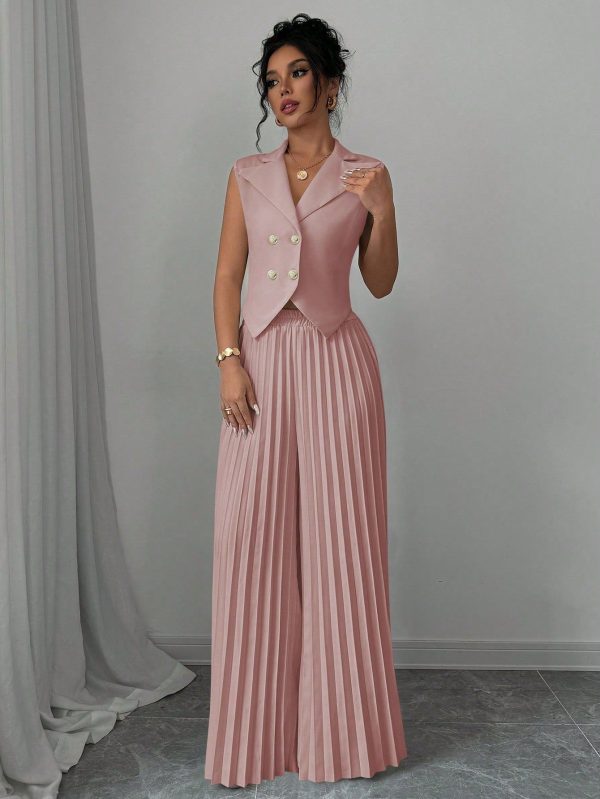 Women's Solid Color Front Button Sleeveless Top And Long Pants Elegant Suit Set