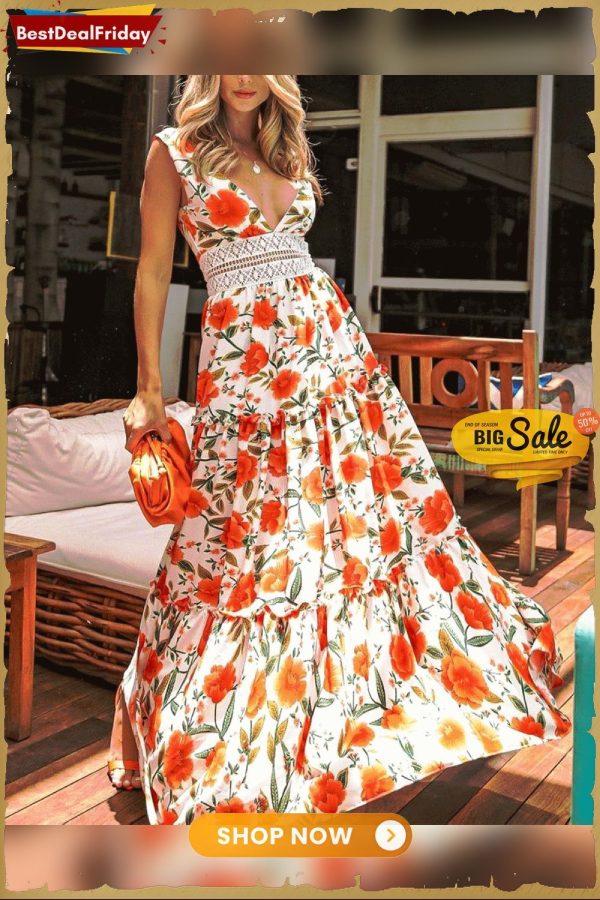 Floral Print Lace V Neck Patchwork Dress P1803888189
