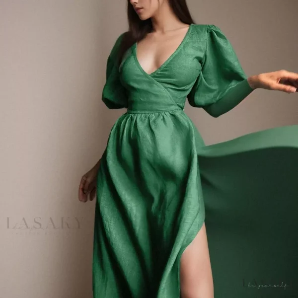 Lasaky - Casual Chic Cotton Wraparound Dress with Adjustable Waistband - Dark Green, S