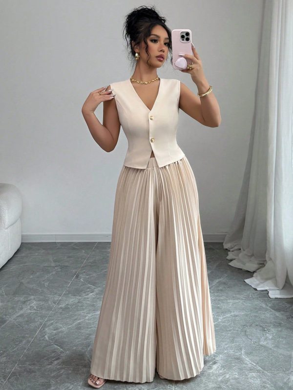 2pcs Set: Solid Metal Button Sleeveless Blouse & Pleated Dress Pants, Elegant Women Outfit