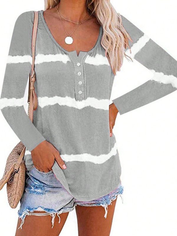 Womens Striped Tie Dye Printed Round Neck Button Down Tunic Casual Shirts