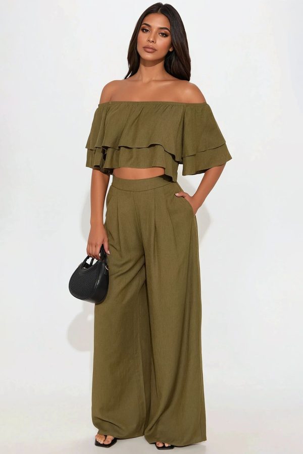 Women's Lorraine Linen Pant Set in Olive Green Size 2X