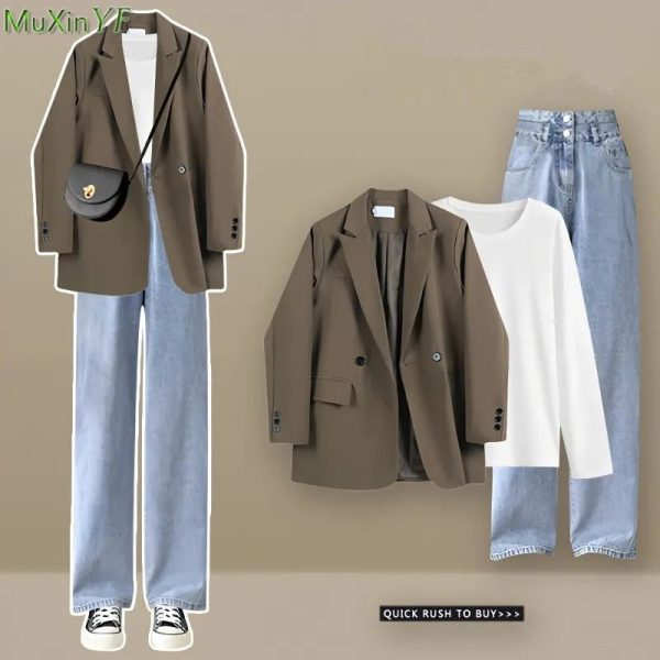 Women Spring Autumn Blazers T Shirts Denim Pants 1 or 3 Piece Set Kore