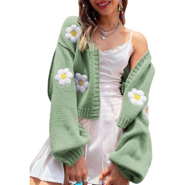 Womens Long Sleeve Open Front Flower Knit Cardigan Aesthetic Shrug Outfits | Color: Green/White | Size: Various