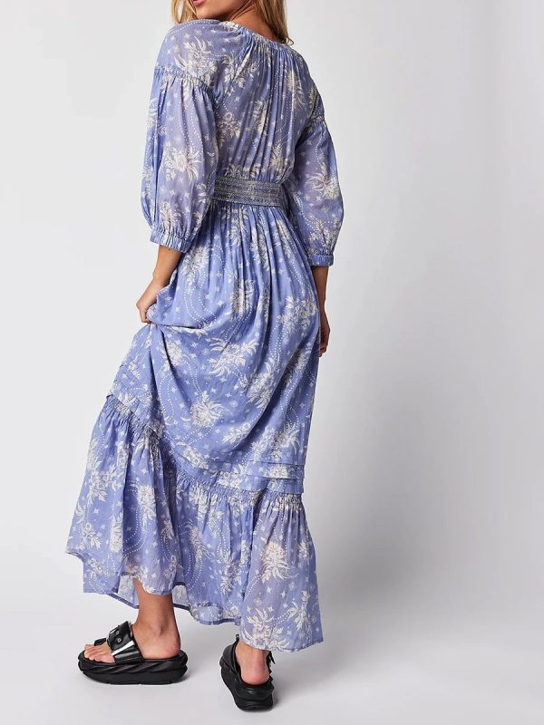 Bohemian Shirred Waist Floral Dress - Blue L