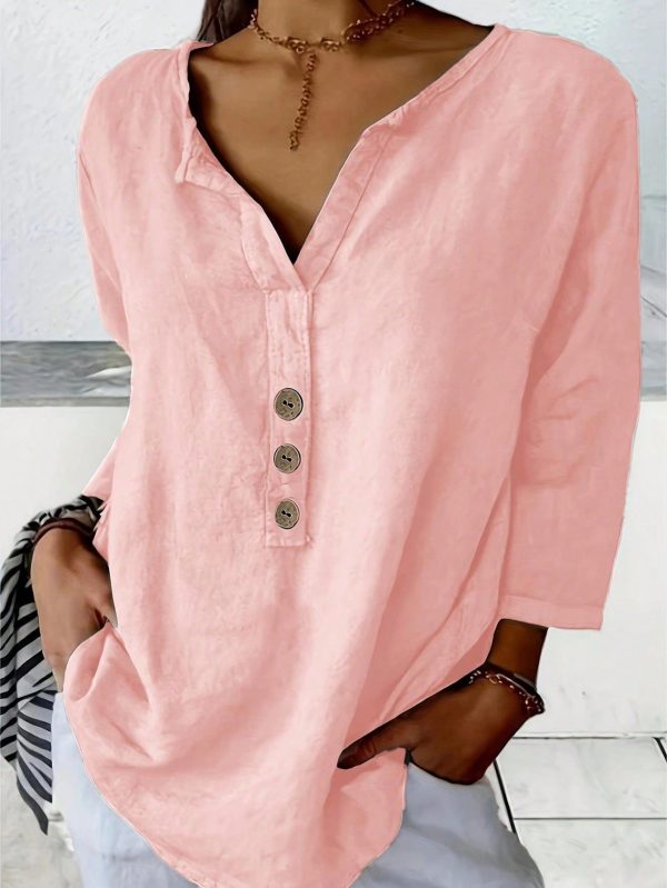 Women's Three Quarter Sleeve T-Shirt V Neck Button Top Basic T-Shirt Solid Color Shirt Loose Pullover Summer Shirt