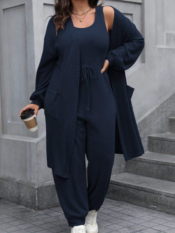 Plus Size Solid Color Long Sleeve Pocket Casual Top And Jumpsuit 2 Pieces Set