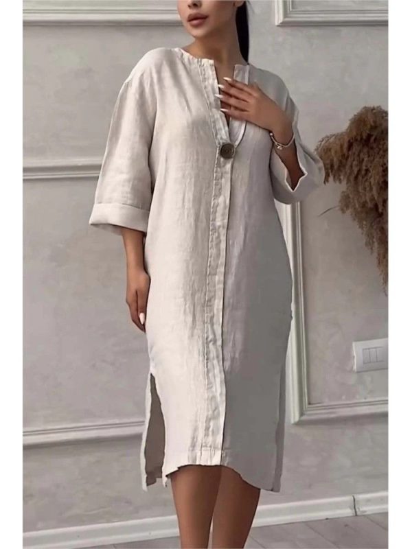 Elegant O-neck Long-sleeved Button Dress For Women Summer Cotton And Linen Solid Color Loose Casual