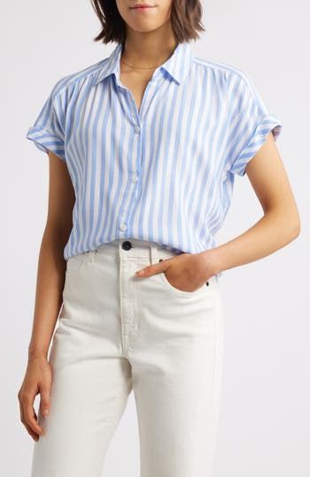 beachlunchlounge Daria Stripe Short Sleeve Button-Up Shirt in New Glacier at Nordstrom, Size X-Large