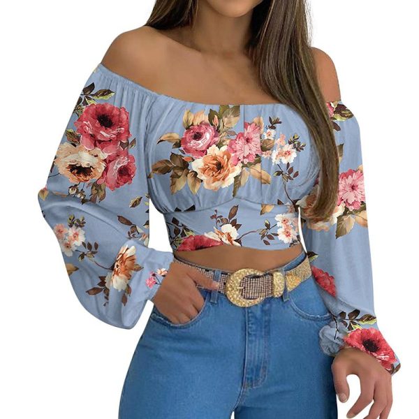 Zingj Summer Women's Sexy One Word Collar Ruched Cross Lace Up Lantern Long Sleeve Crop Top Shirt Blouse Femme Fashion Clothing Blue Peony Print-L