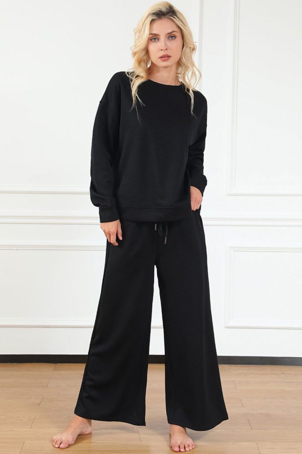 Textured Long Sleeve Top and Drawstring Pants Set - Green / L